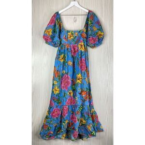 Farm Rio Toucans Garden Midi Dress Womens Floral Square Neck Puff Sleeve XS